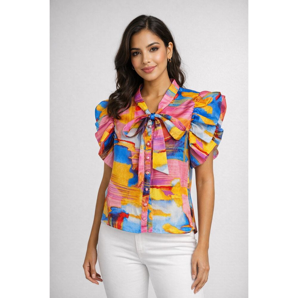 TRUTH Colorful Abstract Blouse M Flutter Sleeve Tie Neck Avant Garde Top Artwear